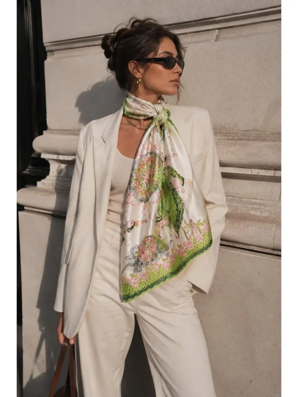 Vintage Silk Scarf Green Pink Floral Ladies Novelty Print Large Square 33x34''
